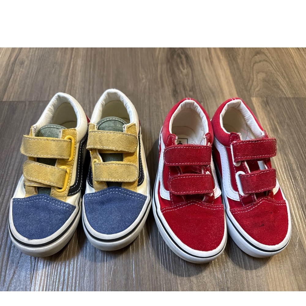 Vans Old Skool V Sneakers Kids 11.0 Red Multi Color Suede Hook Loop Bundle - Picture 2 of 9